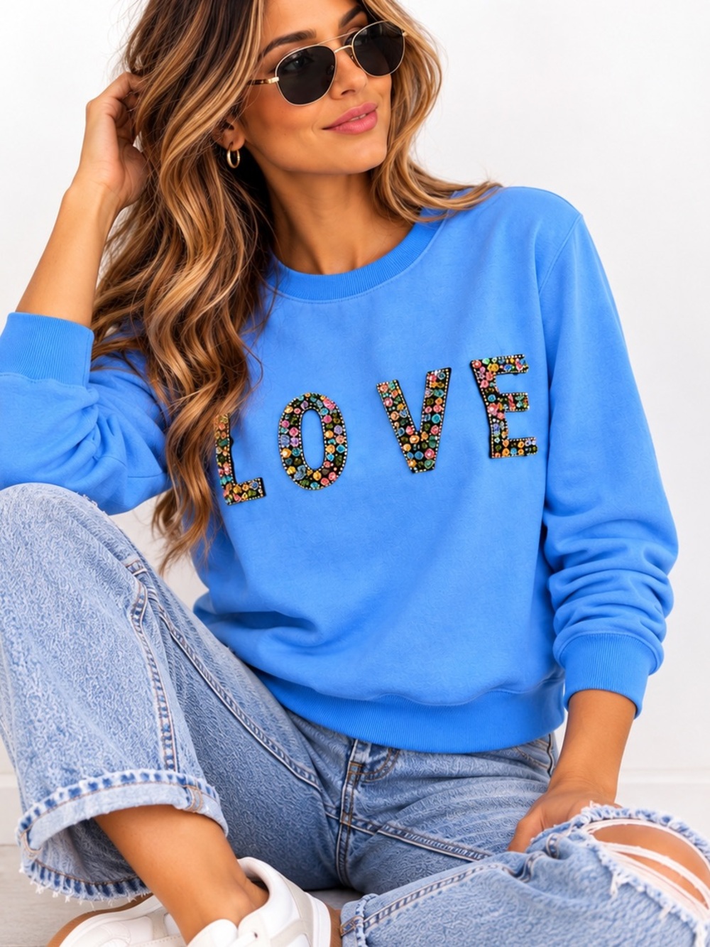 Endless Rose LOVE Rhinestone Sweatshirt Blue Embellished Graphic Pullover XS